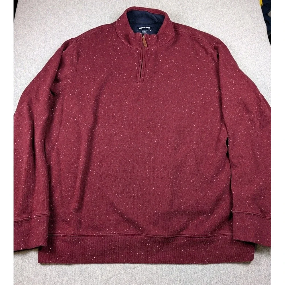 Lands' End Men's 1/4 Zip Mock Neck Sweater XXL Tall Red Speckled Cotton Pullover